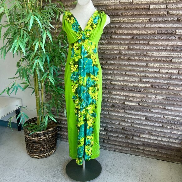 Hawaiian Togs Vintage Green Floral Barkcloth V Neck Draped Back Tiki Maxi Dress - Picture 12 of 14